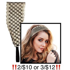 Elastic Embroidered Lace Floral Headband Beige and Black